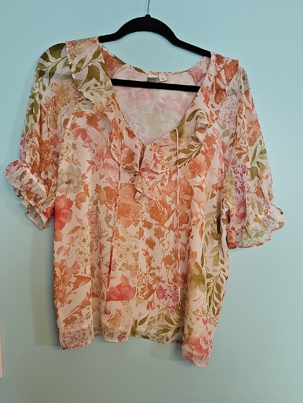 Joie Peach & Olive Floral Ruffle-Tie Blouse